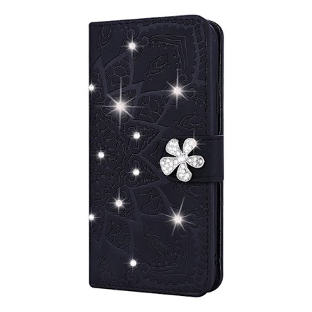 Etui til iPhone 16 Plus sort diamant præget solsikke læder diamant palads blomst kalve mønster