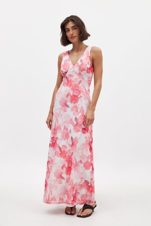 NA-KD - Maxikjole i mesh med V-hals - Kjoler til bryllup - Rosa/Blomstret - XL