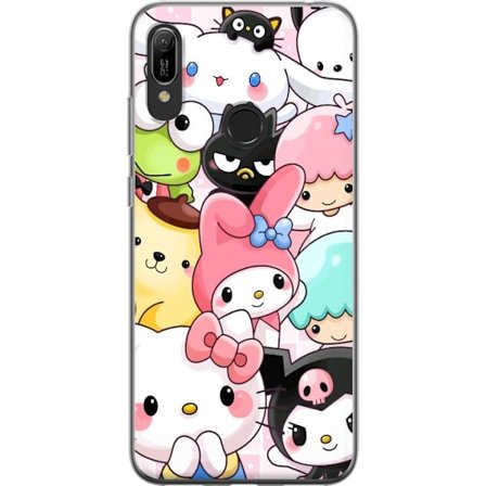 Kompatibelt Mobildeksel til Huawei Y6 (2019) Tett mønster av søte figurer med store øyne i ulike farger og uttrykk med LABUBU-tekst