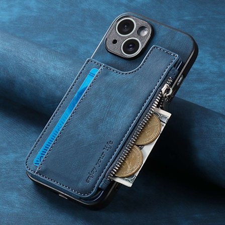 Etui til iPhone 13 Pro Max blå eksport multi-kort business retro glidelås oppbevaring lær