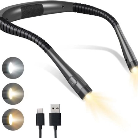 Leselampe/boklampe, 3 farger og 6 lysstyrkenivåer, fleksibel lampearm, oppladbar, perfekt for lesing