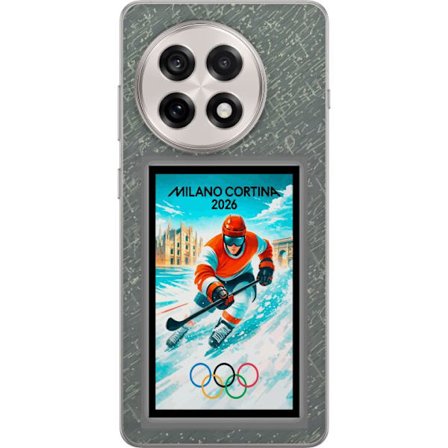 Yhteensopiva Puhelinkuori OnePlus 13R Curlingkuvitus pelaajilla ja kivillä jäällä, Milano Cortina 2026, lumisia roiskeita ja olympiasormukset