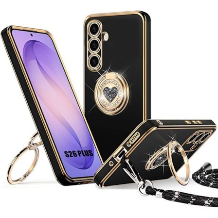 Silicone Cover - BOOLING - til Samsung Galaxy S26 Plus - med Snor og Ring Hjerte Mønster - Sort