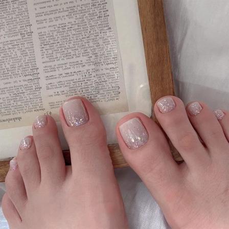24 stk. falske tånegle med glitter, tryk på tånegle, gradient nude, påklæbelige tånegle, aftagelige lim-på tånegle, falske tånegle, fuld dækning, 