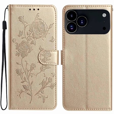 For iPhone 17 Pro Lommebok Etui Rosemønster Trykt Lær Flip Stativ Telefon Beskyttelsesetui med Stropp (Gull, Gull)