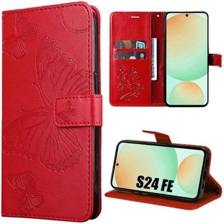 Coque - BOOLING - för Samsung Galaxy S24 FE - Röd Syntetläder - Fjärilsmotiv - Elegant