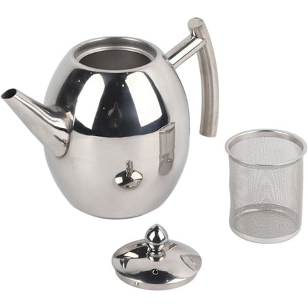 Tekanne i rustfritt stål med filter, 1 liter/1,5 liter tekanne, fin sølv