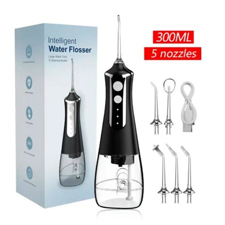 Oral irrigator 5 munstycken 3 lägen USB 300 ml svart tank