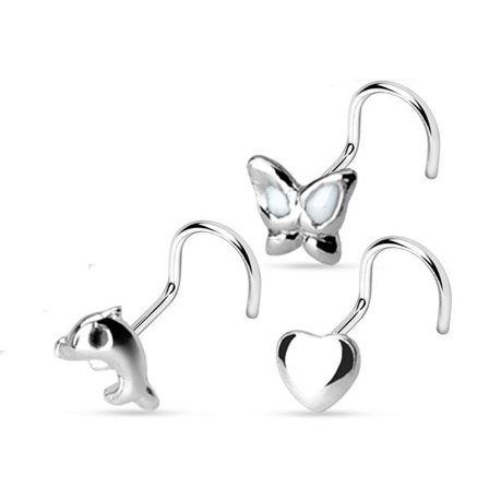 3 Pack Skruvbara Näspiercing i silver med 3 olika figurerfigurer