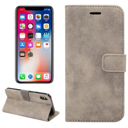 iPhone Xs Max læder flip cover i retrostil - Grå
