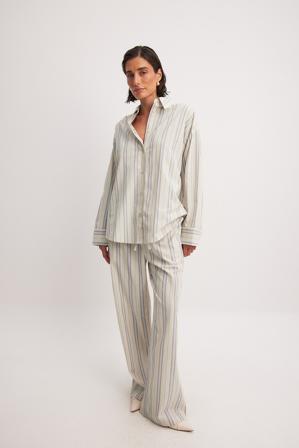NA-KD Cotton Striped Elastic Waist Pants - Randiga byxor - Beige,Stripe - EU 34