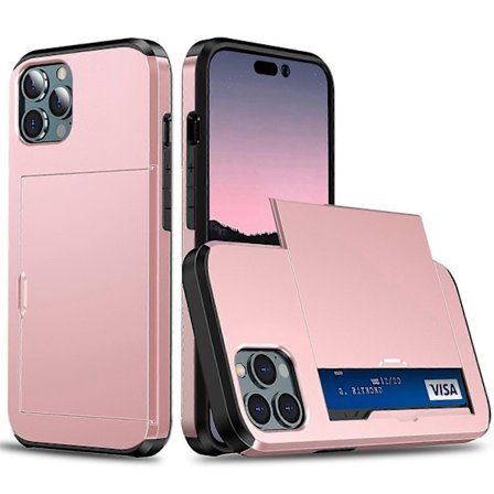 Slide Kort Holder Telefondeksel for iPhone 15 Pro, TPU+PC Dobbelt Lag Telefonbeskyttelsesdeksel