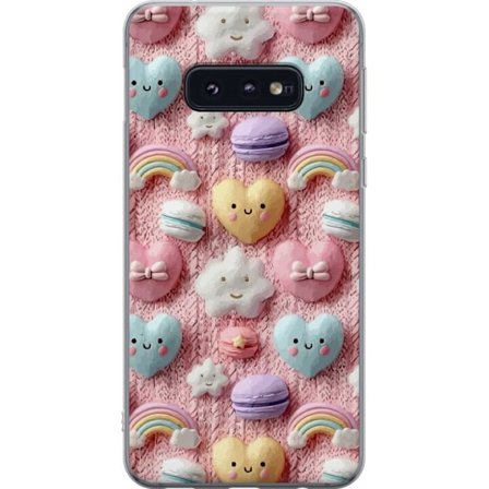 Yhteensopiva Puhelinkuori Samsung Galaxy S10e Pastellimotiiivi sydämillä, pilvillä, sateenkaarilla ja makaronseilla vaaleanpunaisella taustalla sulois