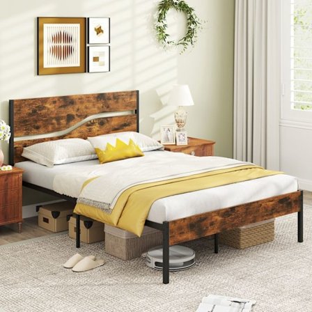 COSTWAY kaksinpete 140 x 200 cm, puinen päädyn ja jalkopään rakenne, metalliset säleet, säilytystila sängyn alla, sängyn runko kantaa 360 kg