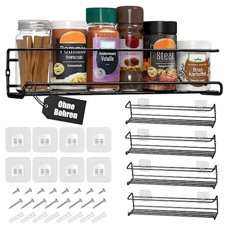 Set med 4 väggmonterade kryddhyllor i metall för upphängning med lim eller skruvmontering Svart