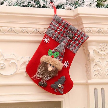 Ny medium 3D julestrømpe gavepose fløyel rutete strømpebånd klokke juledekorasjoner