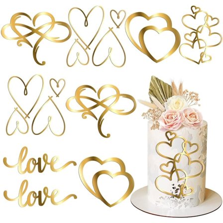 5 stk. kagepynt, guld akryl hjerte, kagedekoration, bryllup