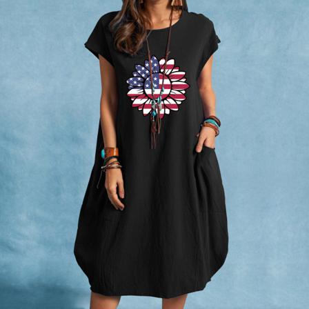 Usa Flag Printed Summer Dress Dam Casual Kortärmad Rund N
