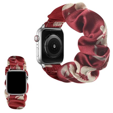 Apple Watch 42mm - 44mm elastic hairband style watch strap - Satin + White Flower / Size: S