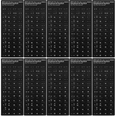 10 stk. tastaturklistermærker med sort baggrund og hvide bogstaver