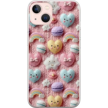 Kompatibelt Mobildeksel til Apple iPhone 13 Pastellmotiv med hjerter, skyer, regnbuer og makroner mot rosa bakgrunn i en søt drømmende stil.