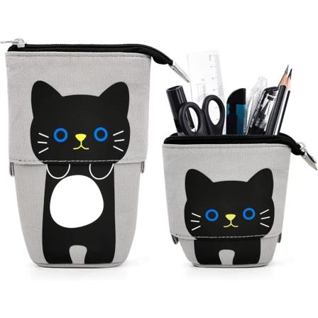 IC Cat Cute seisova kotelo lapsille, Pop Up kynälaatikko meikkipussi, Stand UP sarjakuva joululahja lapsille kynäpidike (Musta kissa)