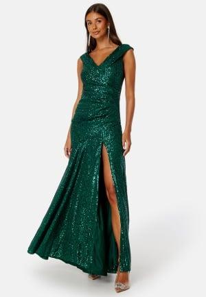 Goddiva Sequin Bardot Pleat Maxi With Split S (UK10) Green Juhlien kulumista Dam