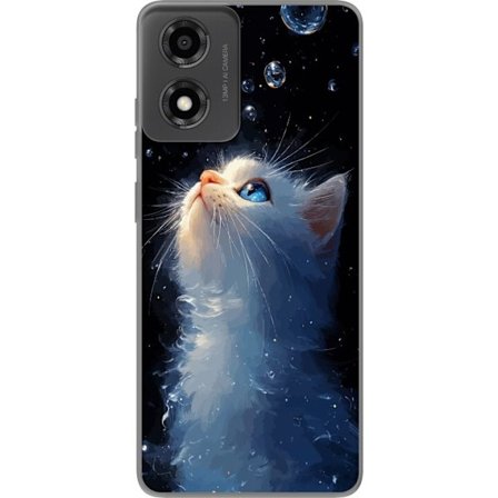 Kompatibelt Mobildeksel til Motorola Motorola Moto E14 Stjernekatte Drøm motiv med hvit katt som ser mot stjernehimmelen, magiskt drømmeaktig og nat