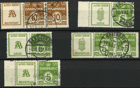 Danmark - Samling af reklamevedhæng på 1 indstikskort - Stemplet