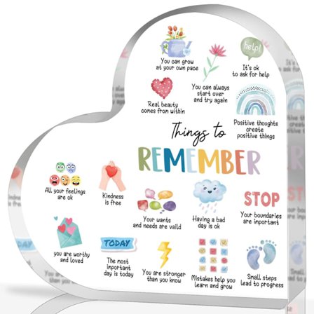 Mielenterveyslahjat, Muistettavia asioita Mielenterveyssisustus, Terapiahuoneen sisustus, Mindfulness-kyltti terapiahuoneeseen Akryylisydänlahjat