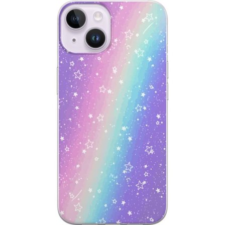 Kompatibelt Mobildeksel til Apple iPhone 14 Rainbow-farget pastellbakgrunn med hvite stjerner og gnistrende prikker i myk overgang