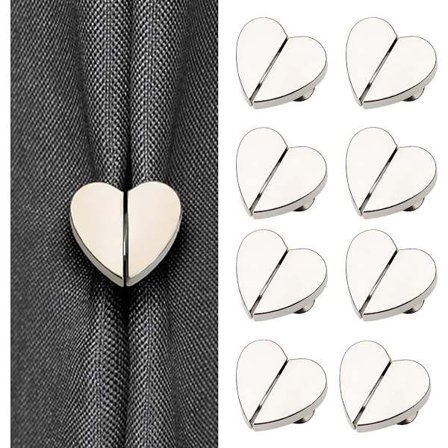 8 Matchende - Hjerteformede gardinmagneter - Dekorative gardinklemmer og aftagelige ringe - Lysblokerende - Sølv