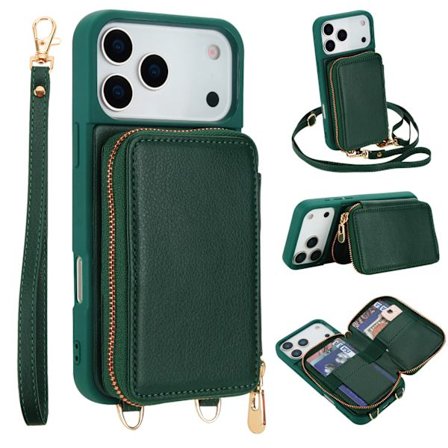 til iPhone 17 Pro Max Wallet Case, PU Læder Crossbody Telefonpung med Lynlåslomme, Kreditkort Holder Håndledsrem