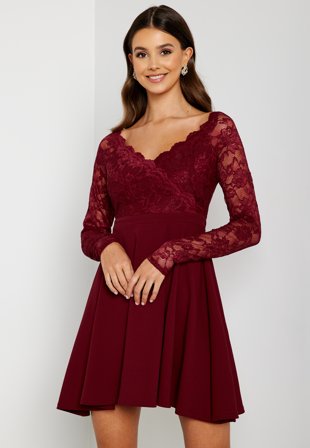 Goddiva Long Sleeve Lace Skater Dress Wine Klær