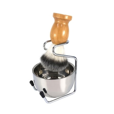 Barbersæt med børste, holder og skål i rustfrit stål