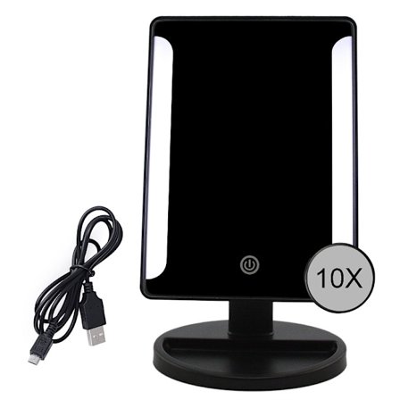 Svart belyst spegel, 10x förstoring LED smink spegel, LED spegel, USB och batteri laddning, 180° smink spegel, belyst förstoringsspegel för smink, 