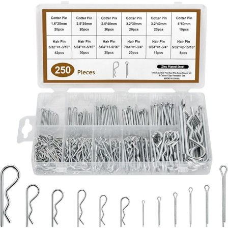 250 stk. Splintsett, Splittpinn, Diverse R-pinner Galvaniserte Splinter Monteringsfjærer for Biler, Mekanikere, Garasjer, Kraftutstyr, etc.