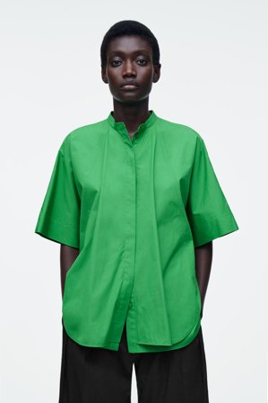 COS Women's Oversized Curved-Hem Cotton Shirt in Green