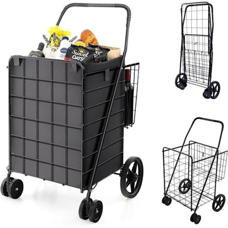 COSTWAY-2 Indkøbskurv Indkøbsvogn (100L+22L)-Vandtæt Oxford Taske-Foldbar Indkøbsvogn 4 Hjul 2 Drejelig 360°-Kapacitet 40KG-Sort