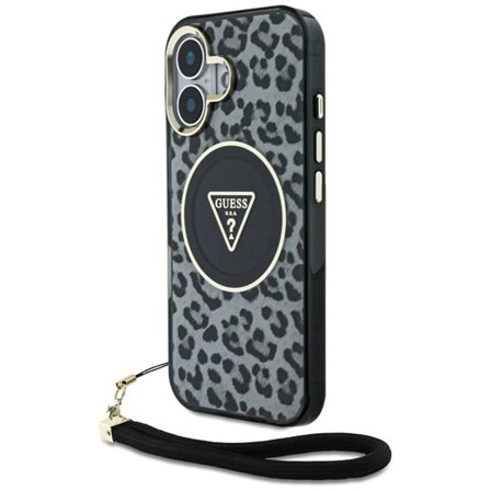 Guess HC IML Leopard Triangle Cord Strap MagSafe-etui for iPhone 16 - svart