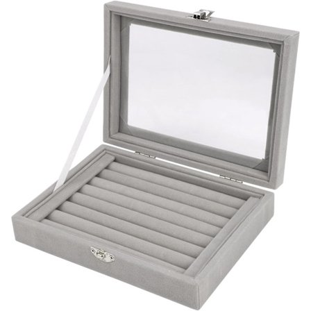 Samettikorujen säilytyslaatikko, sormuskorvakorun kaulakorun korurasia, säilytyslaatikko kannella naisille tytölle (sormus, harmaa)