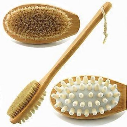 Kroppsborste i bambu för ryggskrubb - Naturlig duschborste med vildsvinsborst och långt handtag - Exfolierar hud och celluliter - Våt eller torr