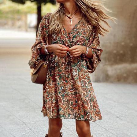 Kvinnor V-hals A Line Summer Beach Sundress Spets Upp Miniklänningar