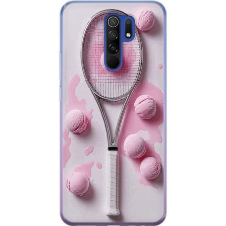 Kompatibel Mobilcover til Xiaomi Xiaomi Redmi 9 Rosa glaskugler og tennisketsjer i et kreativt stillbillede med legende popfølelse og moderne design,