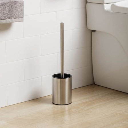 Toalettborste i satin, tillverkad av rostfritt stål, innerhink av polypropen, svart borste, BPA-fri, metallisk. Mått 9 x 9 x 37 cm