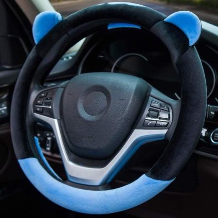 Søt vintervarm plysj auto bilrattdeksel for kvinner jenter, Universal 15 tommers bilaccessoirer, blå
