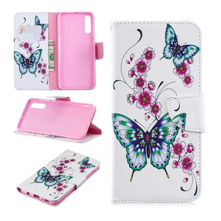 Butterfly Samsung Galaxy A70 nahkakotelo - Perhonen Ja Kukka