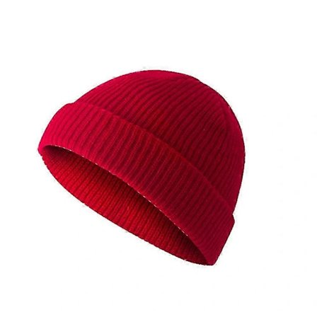 Unisex Ensfarvet Strikket Hue Varm Uden Skyggekant Manchet Skullcap Sømandshue Qinhai Klar Rød[co]