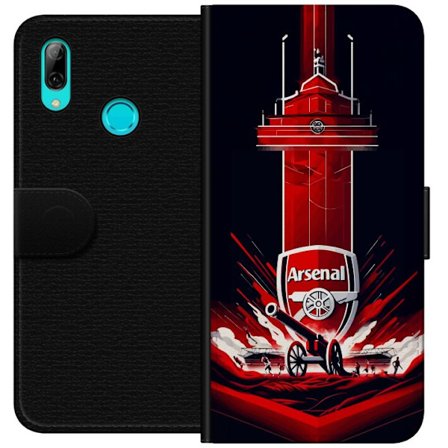 Yhteensopiva Lompakkokotelo Huawei P smart 2019 Arsenal-embleemi, jossa tykki ja stadionmotiivi voimakkaassa punaisessa ja valkoisessa urheilusuunnitt