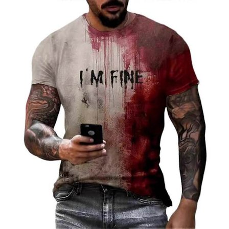 Halloween Blodplet T-shirt Kortærmet Rund Hals Herre Casual Top Uhryggelig Problem Løst Jeg Har Det Fint